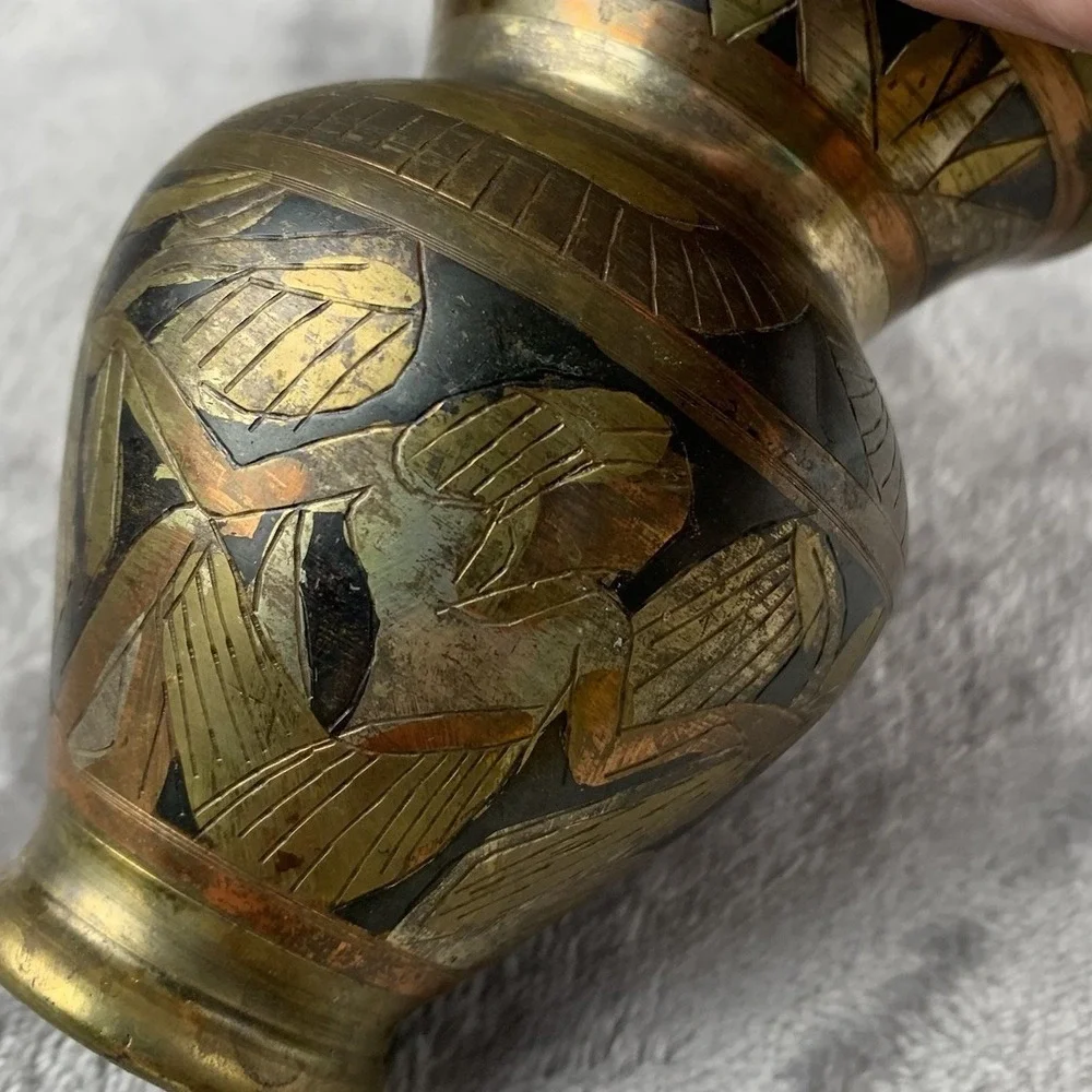 Vintage Mixed Metal Small Vase Egyptian‎ Style Copper Brass 4 Inches Tall Patina